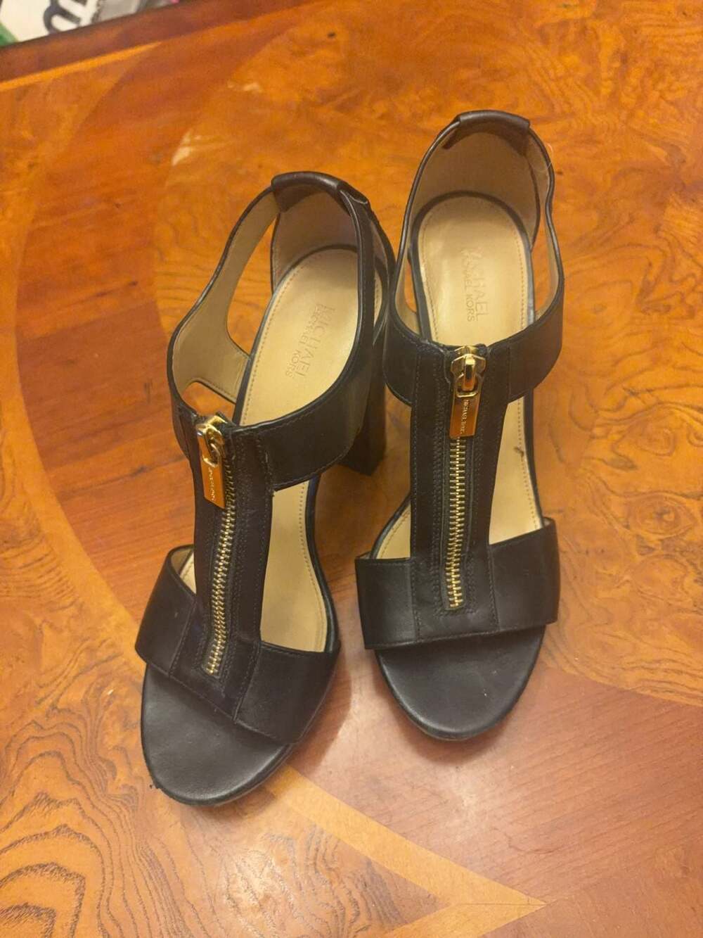 Michael Kors Black Leather Zip Front Block Heel Sandals Size 7M
